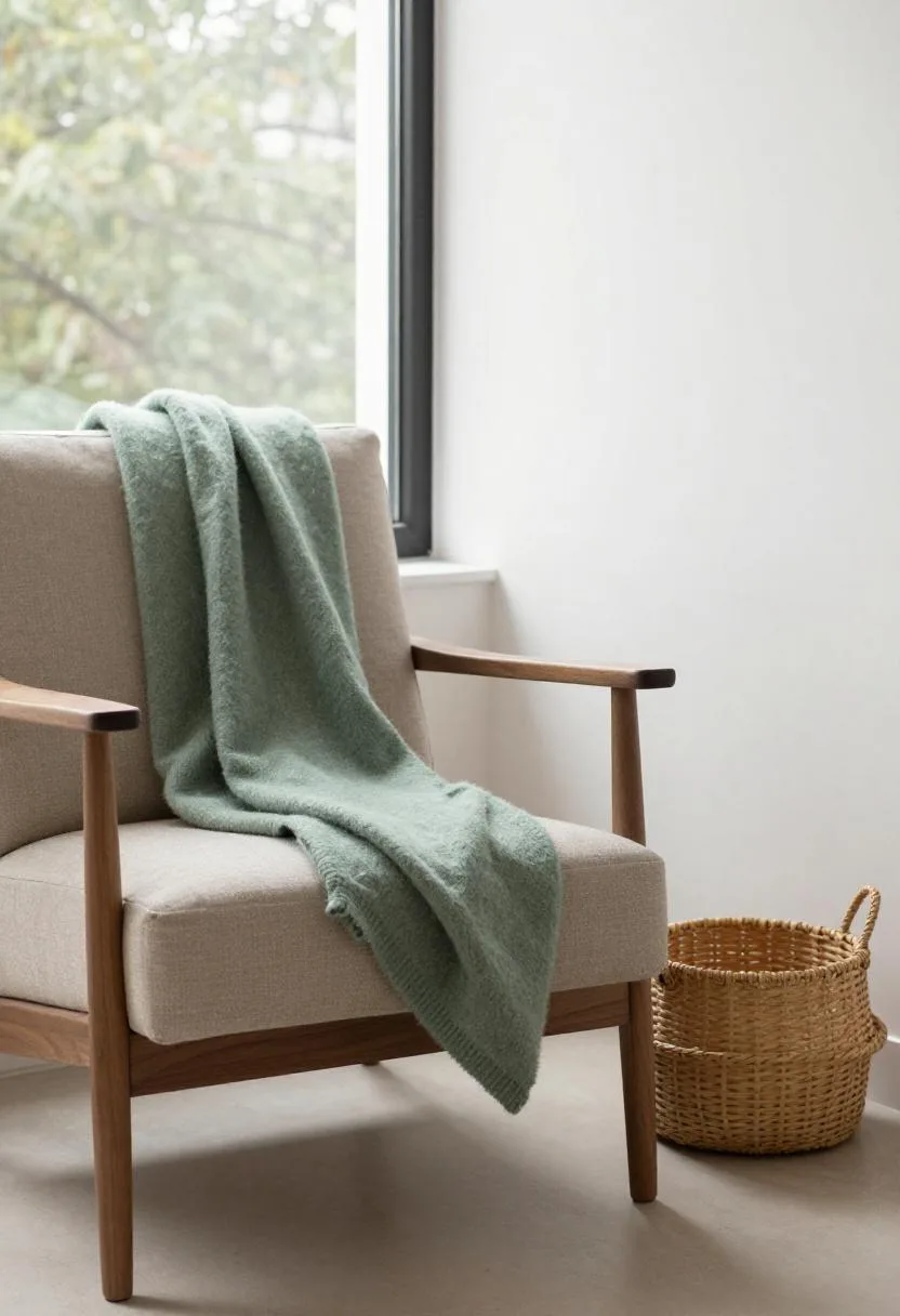 Walnut armchair with sage green wool throw beside a rattan basket under diffused daylight