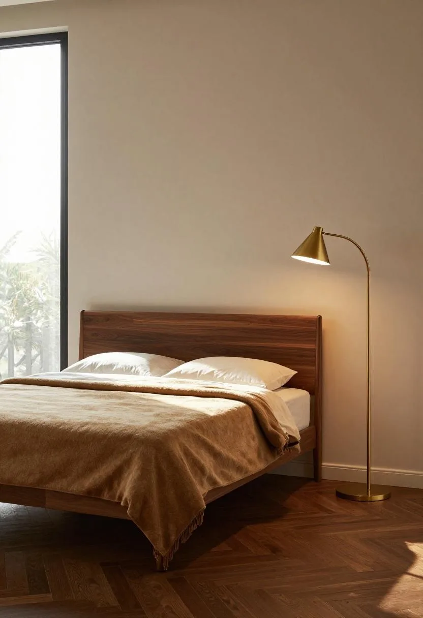 Walnut-framed bed with tan mohair blanket and arched brass floor lamp on dark herringbone floors