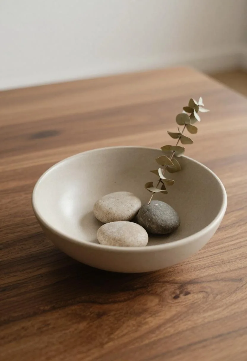 Walnut coffee table with a taupe ceramic bowl of river stones and a dried eucalyptus sprig