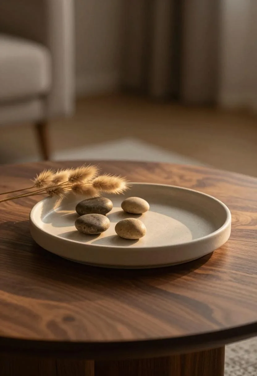 Walnut coffee table with ceramic tray and dried pampas grass in golden light