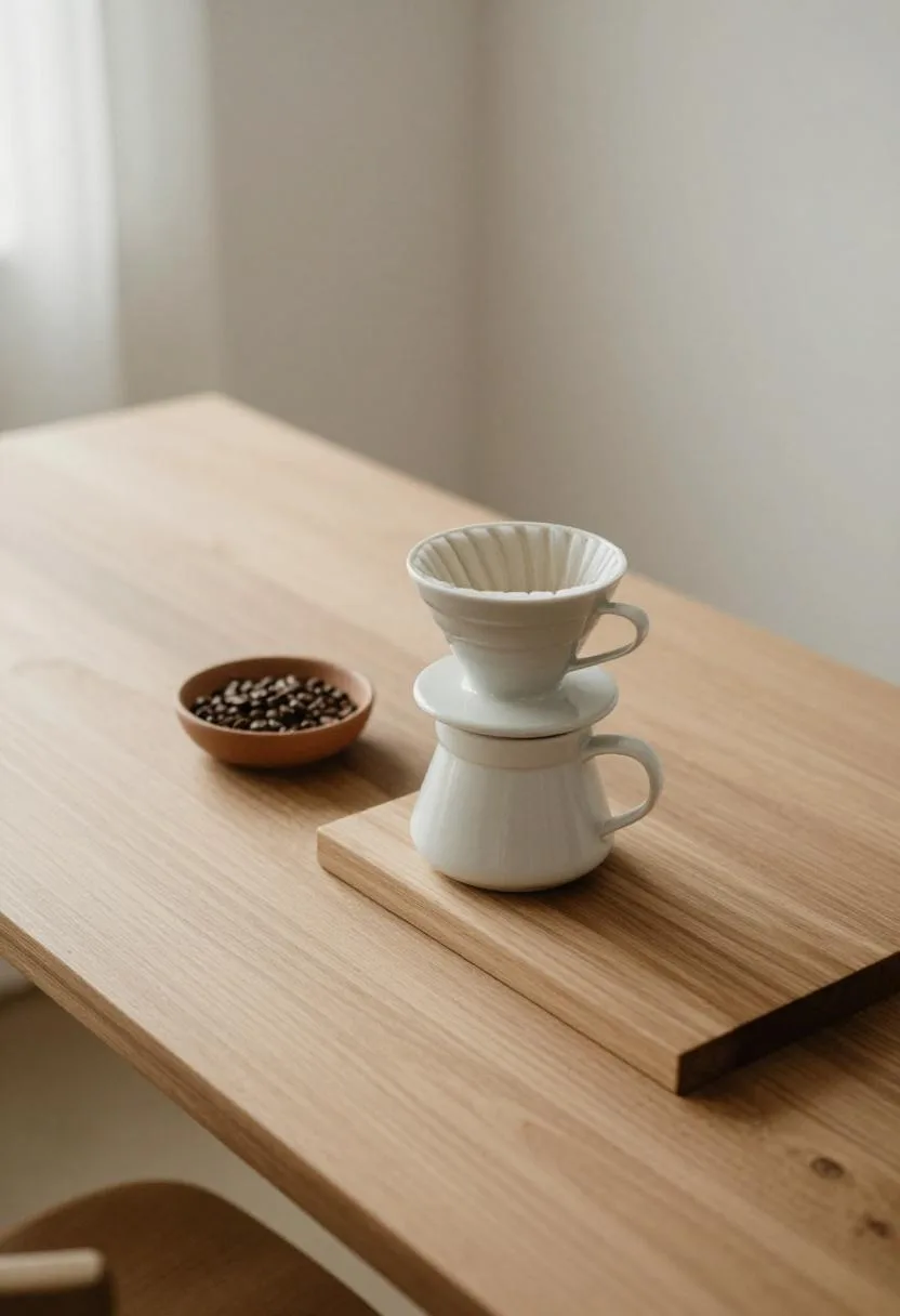 Walnut overhead counter shelf with ceramic dripper and terracotta coffee bean dish