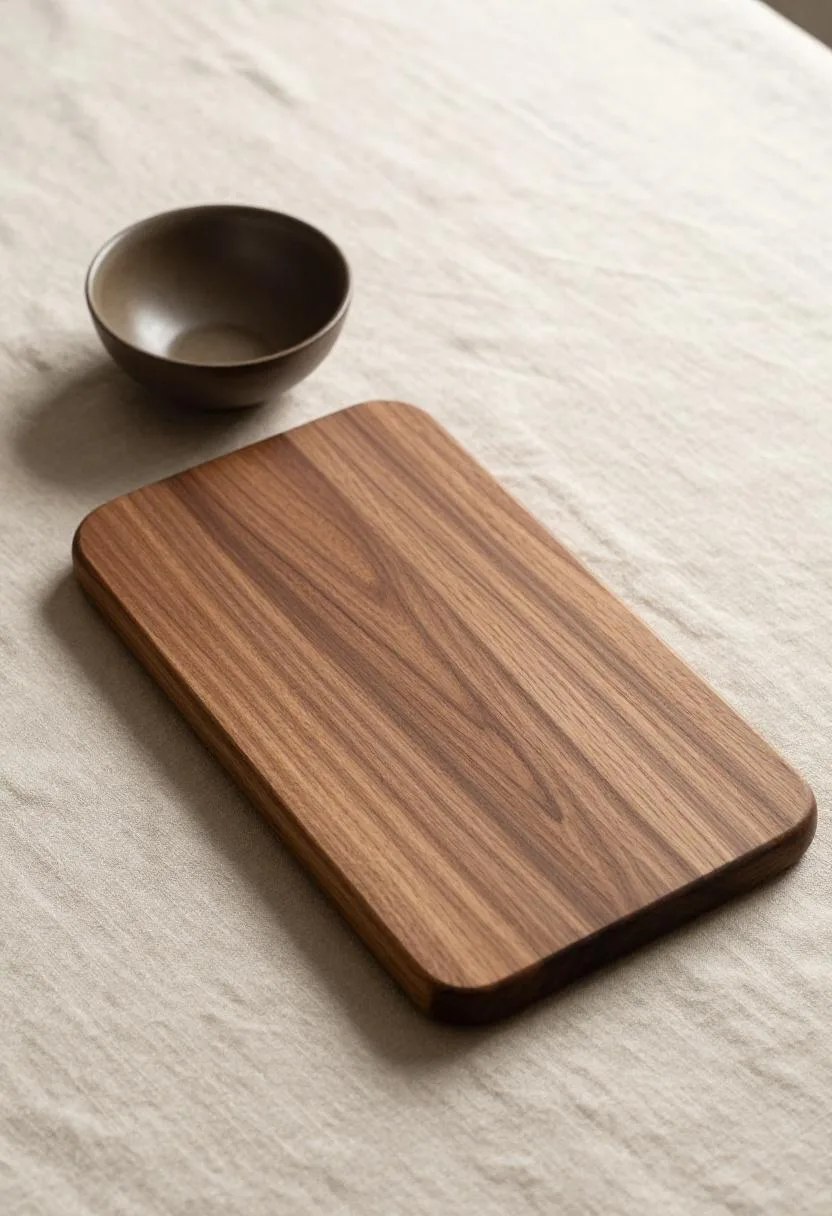 Overhead walnut cutting board with matte brown ceramic bowl resting on a natural linen cloth