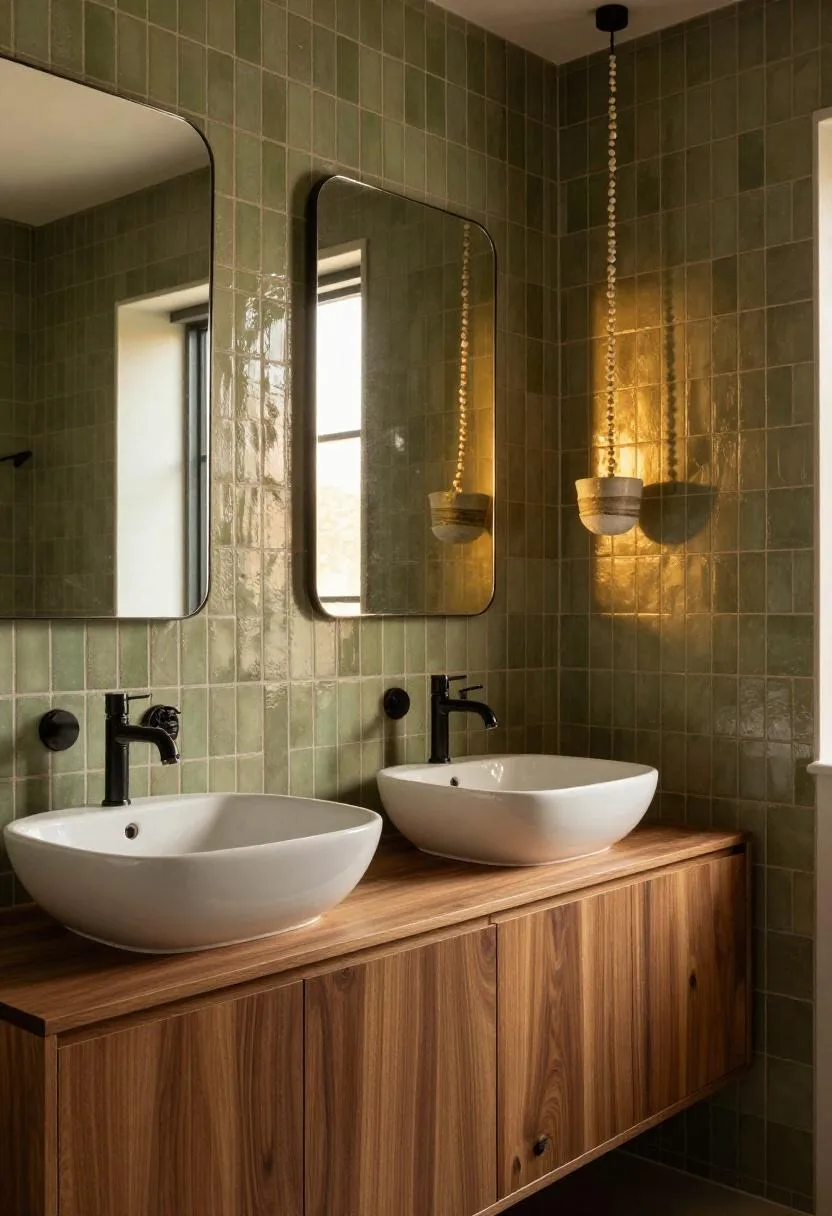 Walnut double vanity against olive green zellige tiles with a hanging string-of-pearls plant in a bohemian bathroom