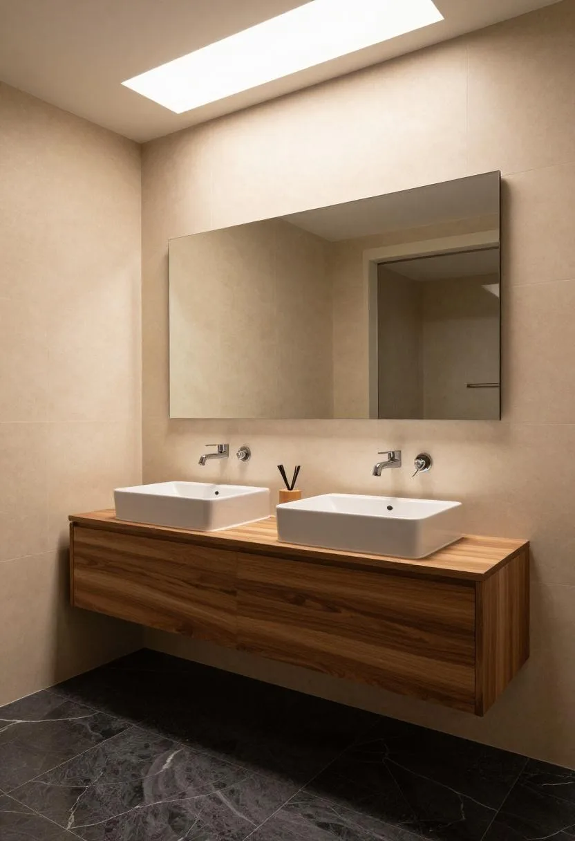 Floating walnut double vanity contrasted against warm cream travertine slab walls and black marble floors