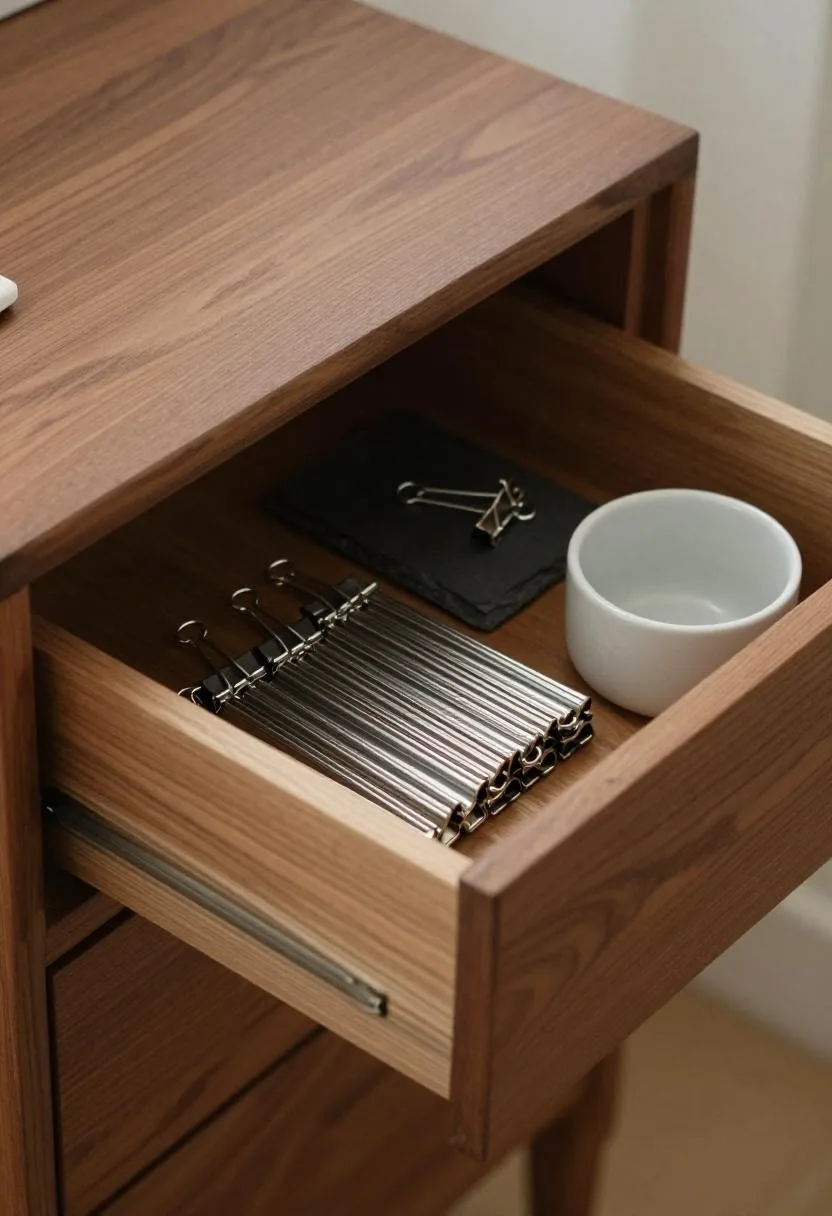 Walnut drawer unit open to reveal sorted binder clips alongside a slate ceramic pen cup