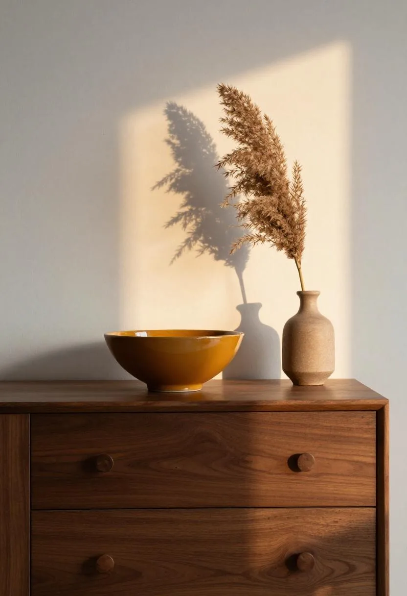 Walnut dresser with amber ceramic bowl and pampas stem in golden hour light