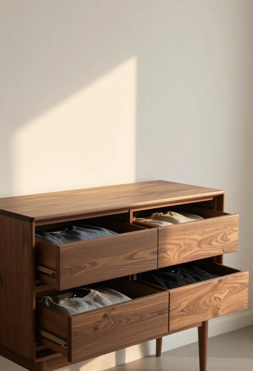 Low walnut dresser with open canvas drawers showing vertically folded kids' clothing