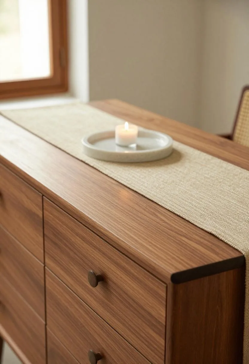 Walnut dresser with natural linen runner and travertine tray in afternoon light