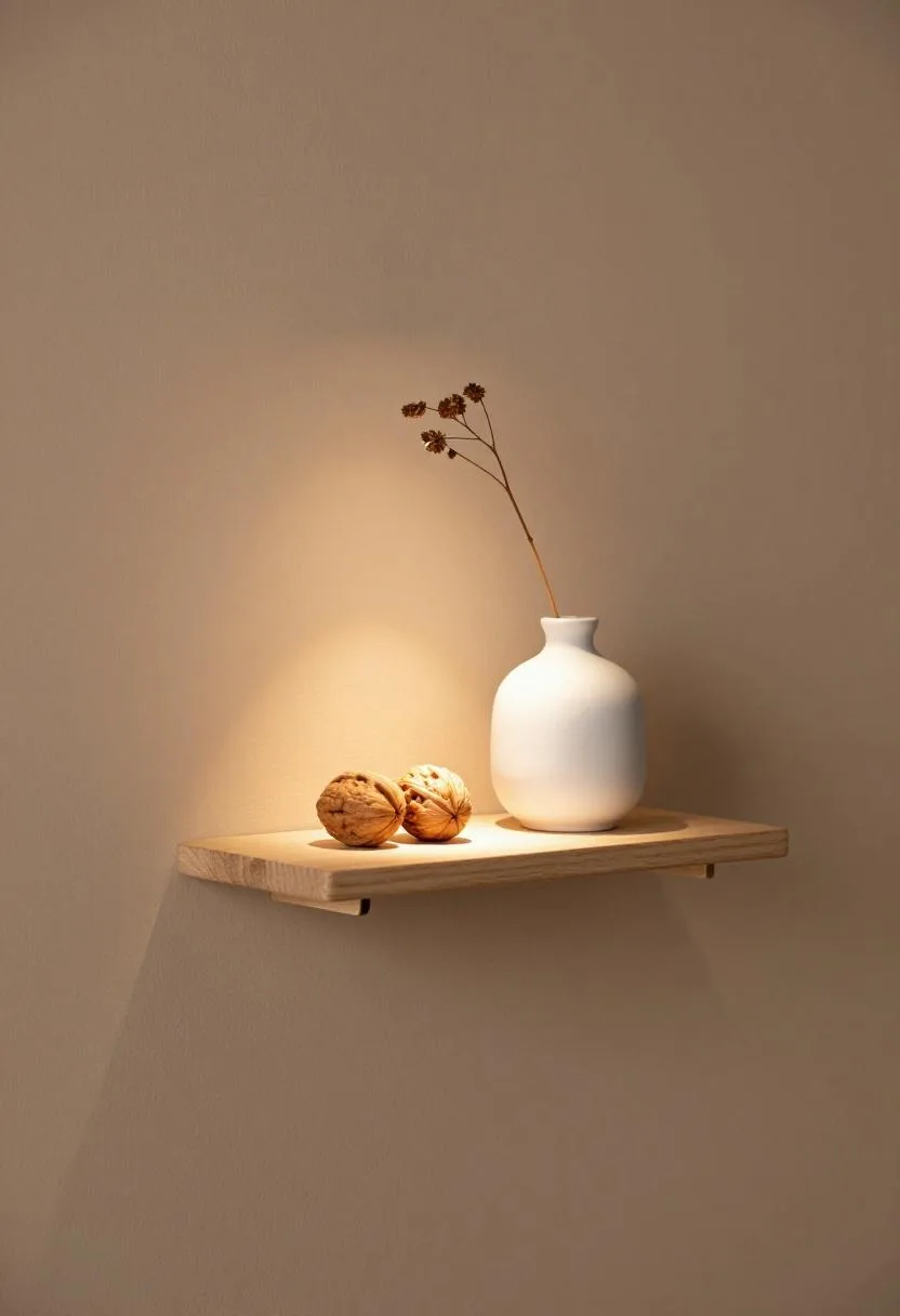 Walnut floating shelf on warm taupe wall with a single ceramic vase in evening lamp light