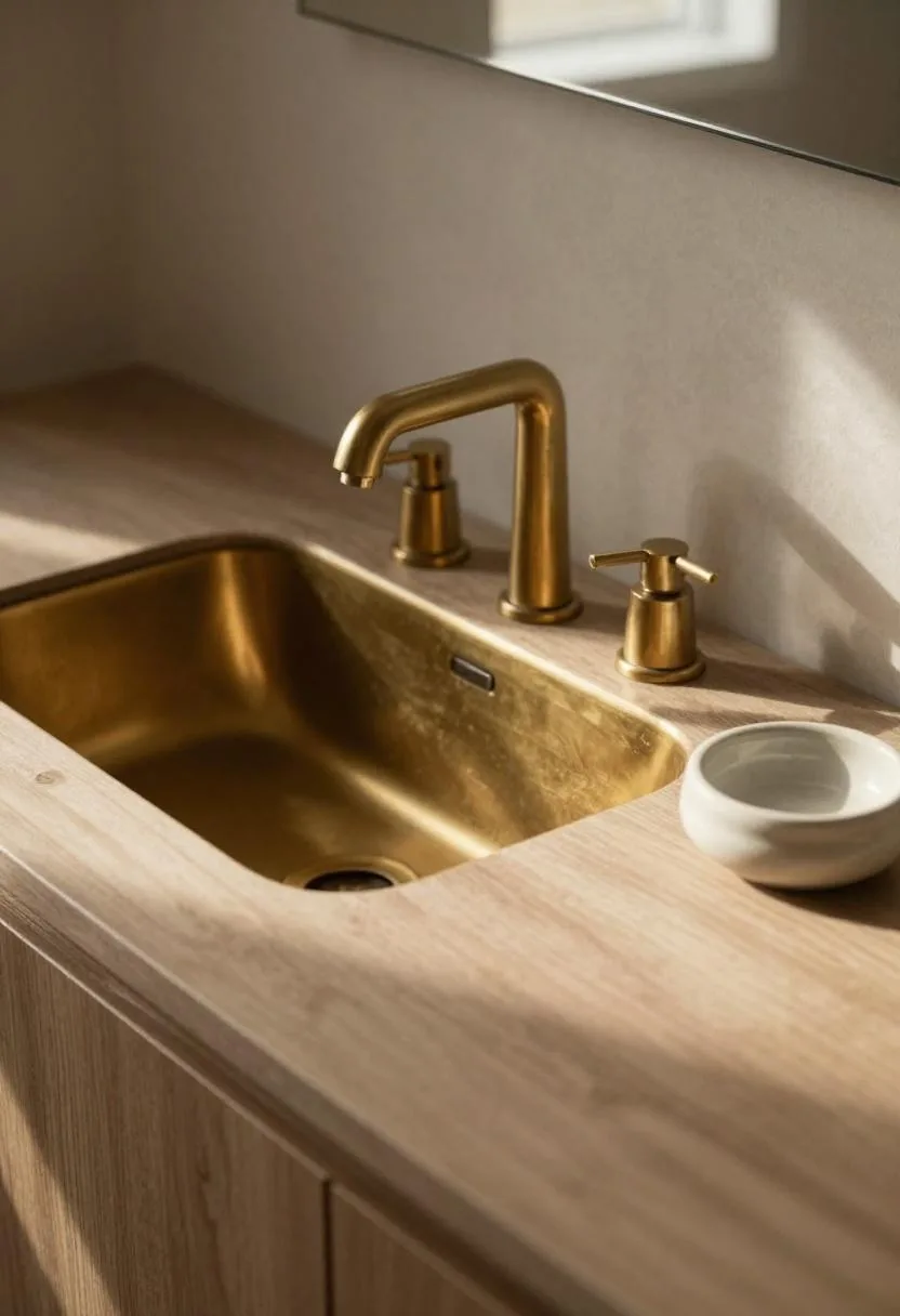 Walnut floating vanity with aged brass vessel sink in warm morning light