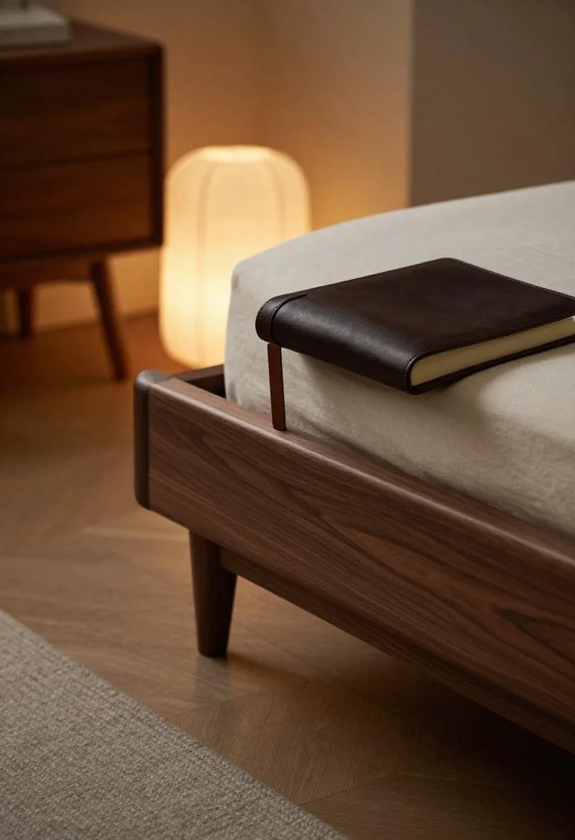 Walnut platform bed with slender hairpin legs and a leather journal on the nightstand in warm lamp light