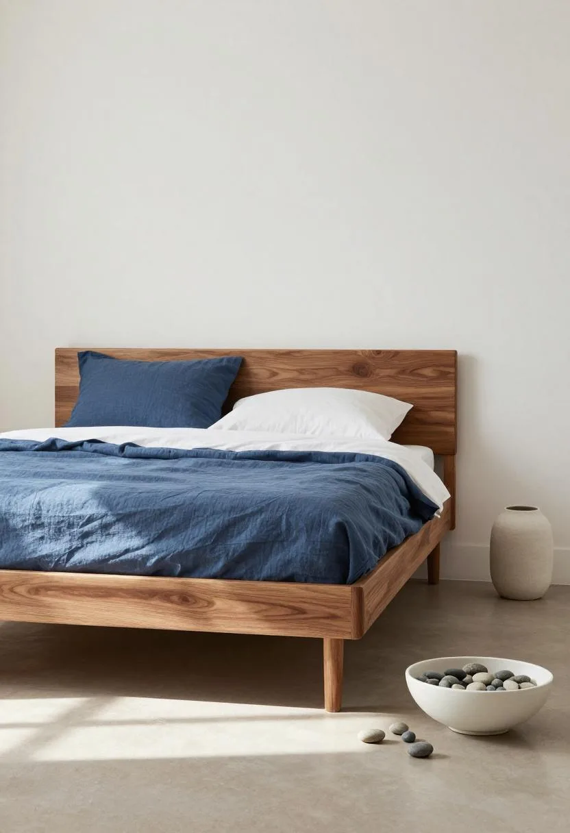 Walnut Japandi-style bed dressed in coastal blue linen with a single minimalist ceramic bowl accent