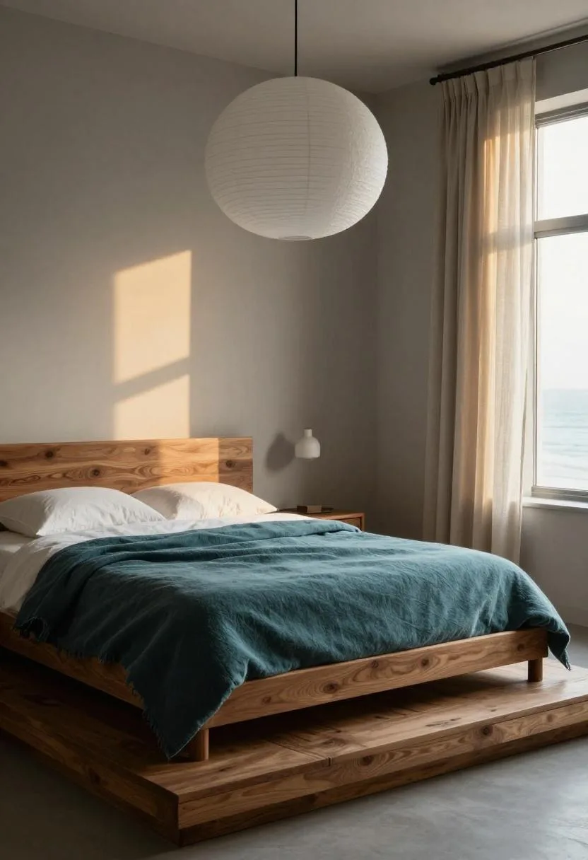 Walnut mid-century platform bed with deep teal wool blanket in golden hour glow