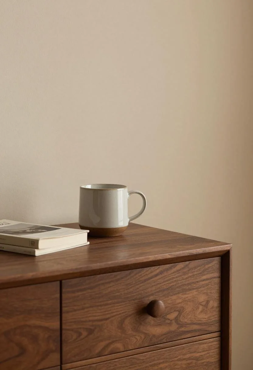 Walnut nightstand with a handmade ceramic mug and two stacked books in warm afternoon light