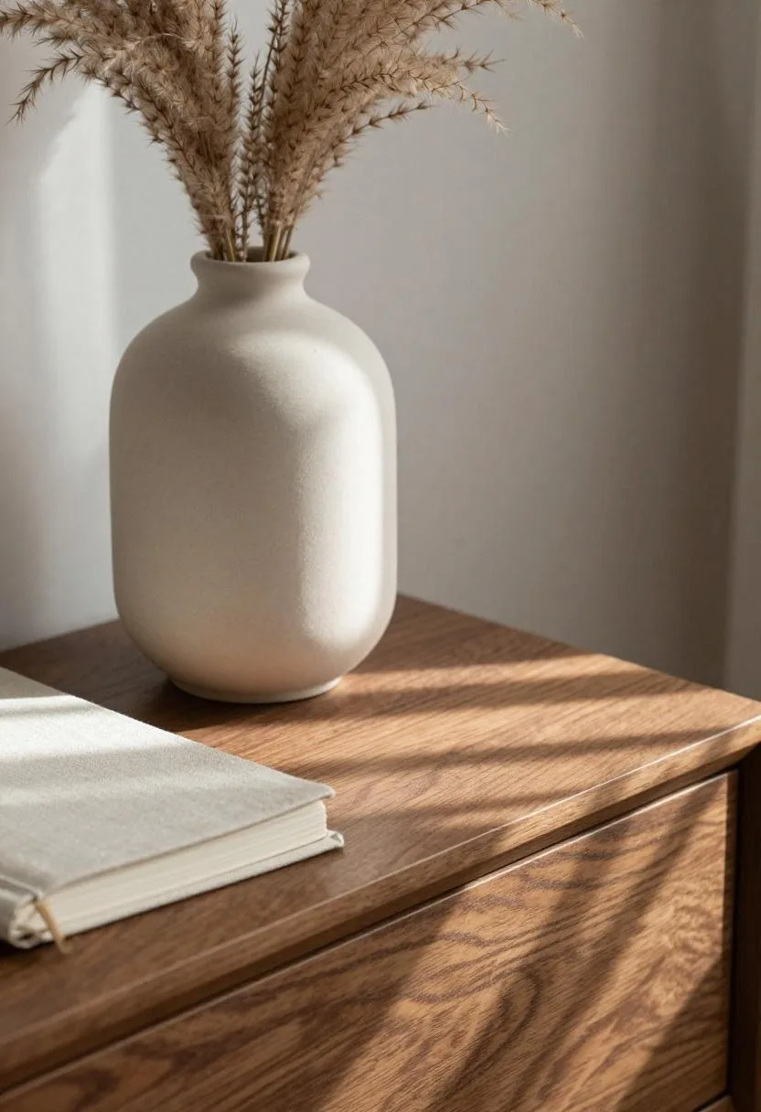 Interior design - walnut nightstand cream vase pampas stem morning