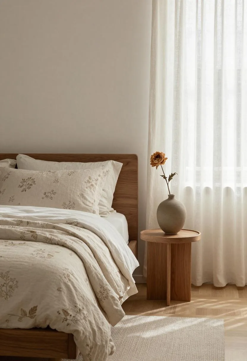 Walnut platform bed with floral cotton quilt and single dried peony in warm afternoon bedroom light