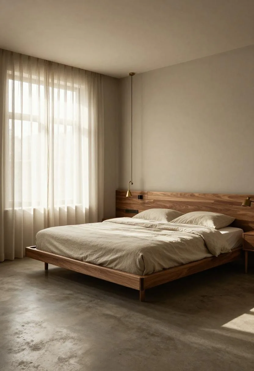 Walnut platform bed with sand-colored linen bedding and small brass table lamp in Japandi-industrial morning light