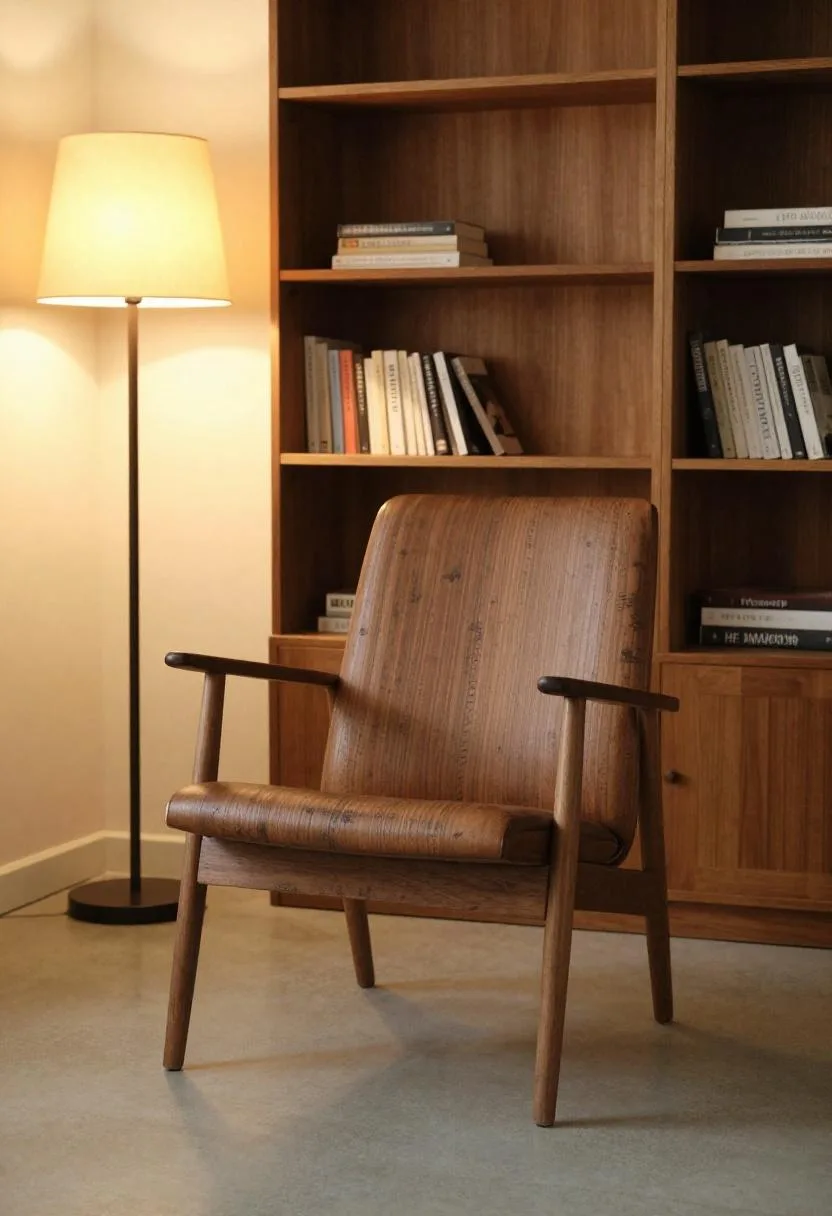 Walnut reading chair before a full oak bookshelf in golden hour light