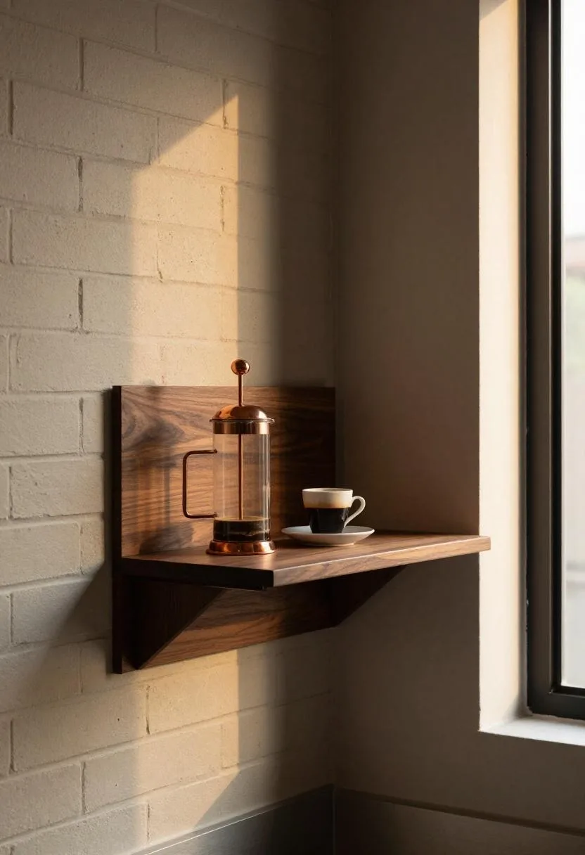 Walnut shelf mounted on painted brick wall with copper French press and small espresso cup