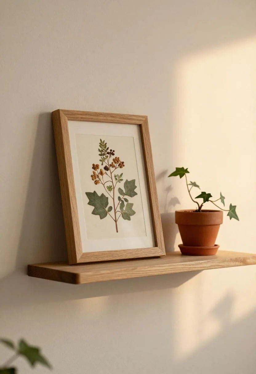 Walnut wall shelf displaying pressed botanical print with trailing ivy in golden light, bedroom decor
