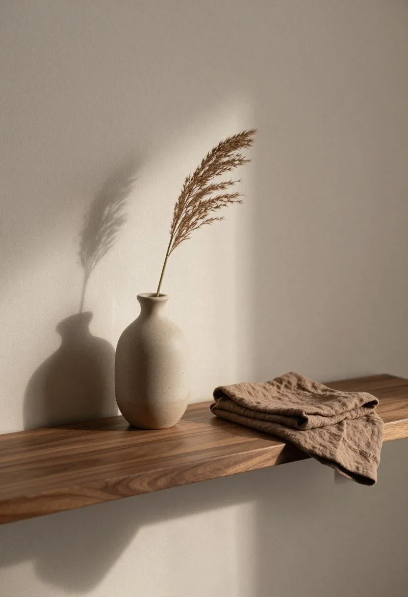 Floating walnut wall shelf with wabi-sabi ceramic vessel and dried pampas grass arrangement