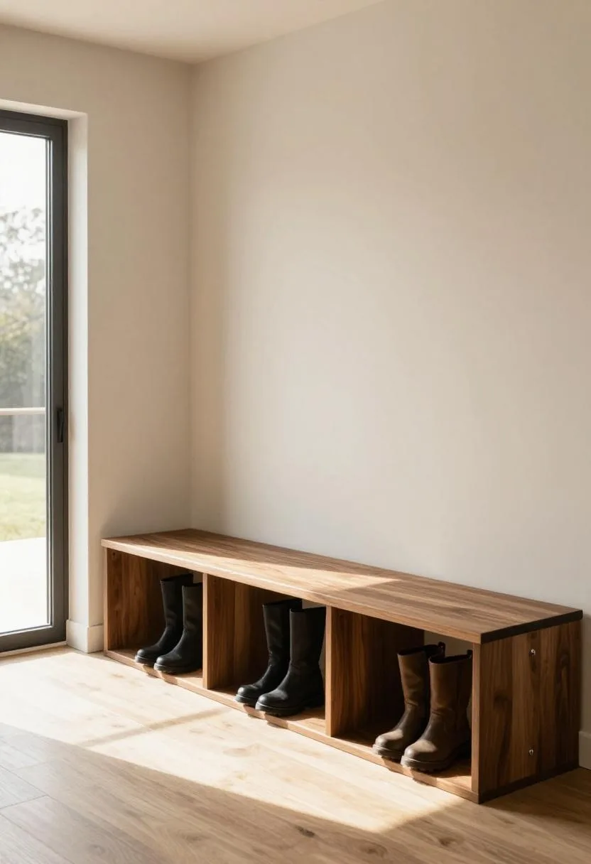 Walnut slatted mudroom bench built into the stair base with open boot cubbies beneath and slatted wood top