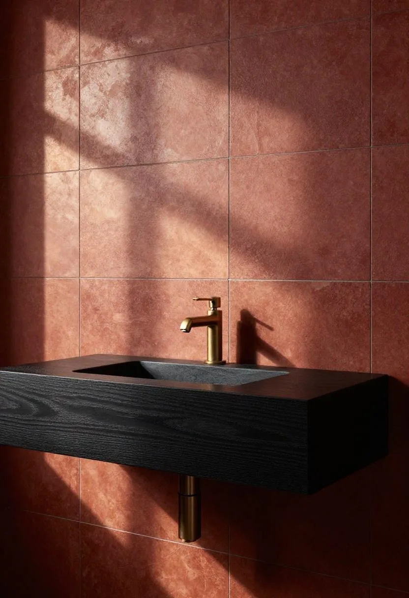 Floating walnut vanity set against a bold deep burgundy glazed terracotta brick accent wall