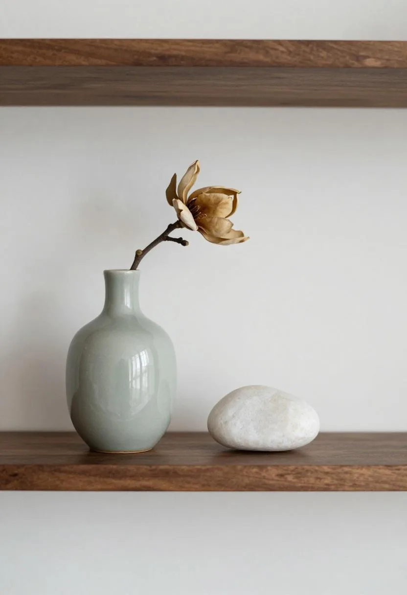 Walnut wall shelf with a sage green vase holding a dried branch and a single white stone