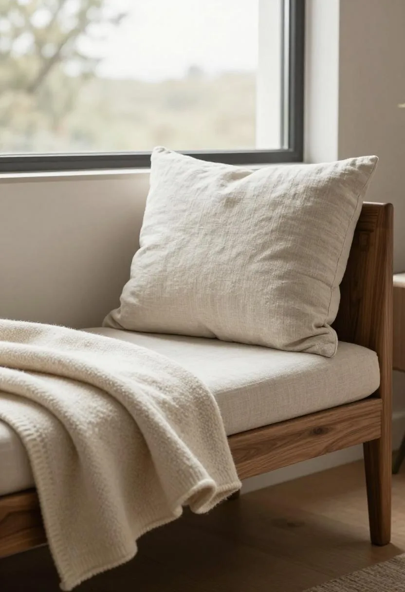 Walnut window bench with sand linen cushion in diffused overcast light