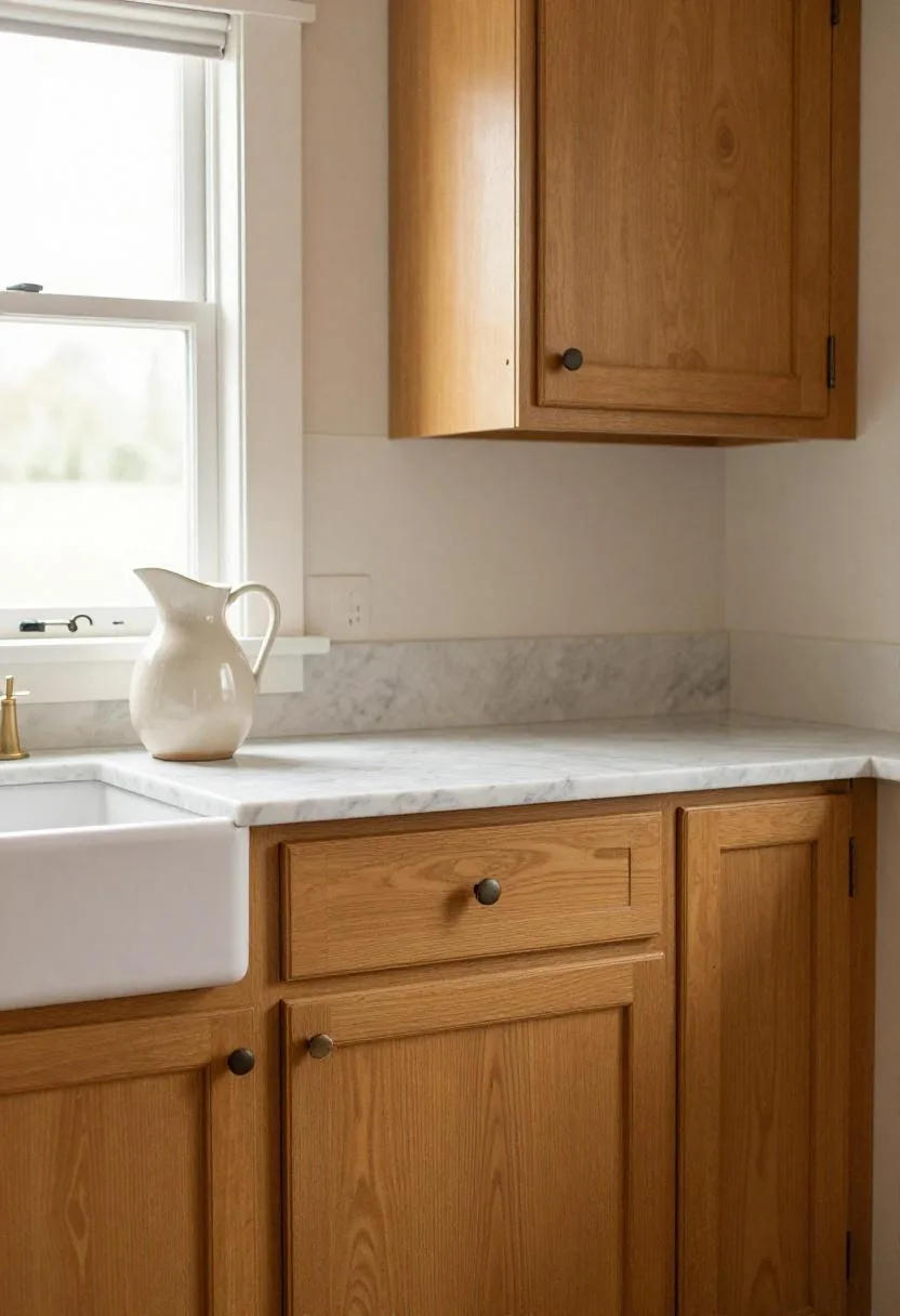 Warm amber beadboard cabinets with a white marble counter and ceramic pitcher in a farmhouse kitchen