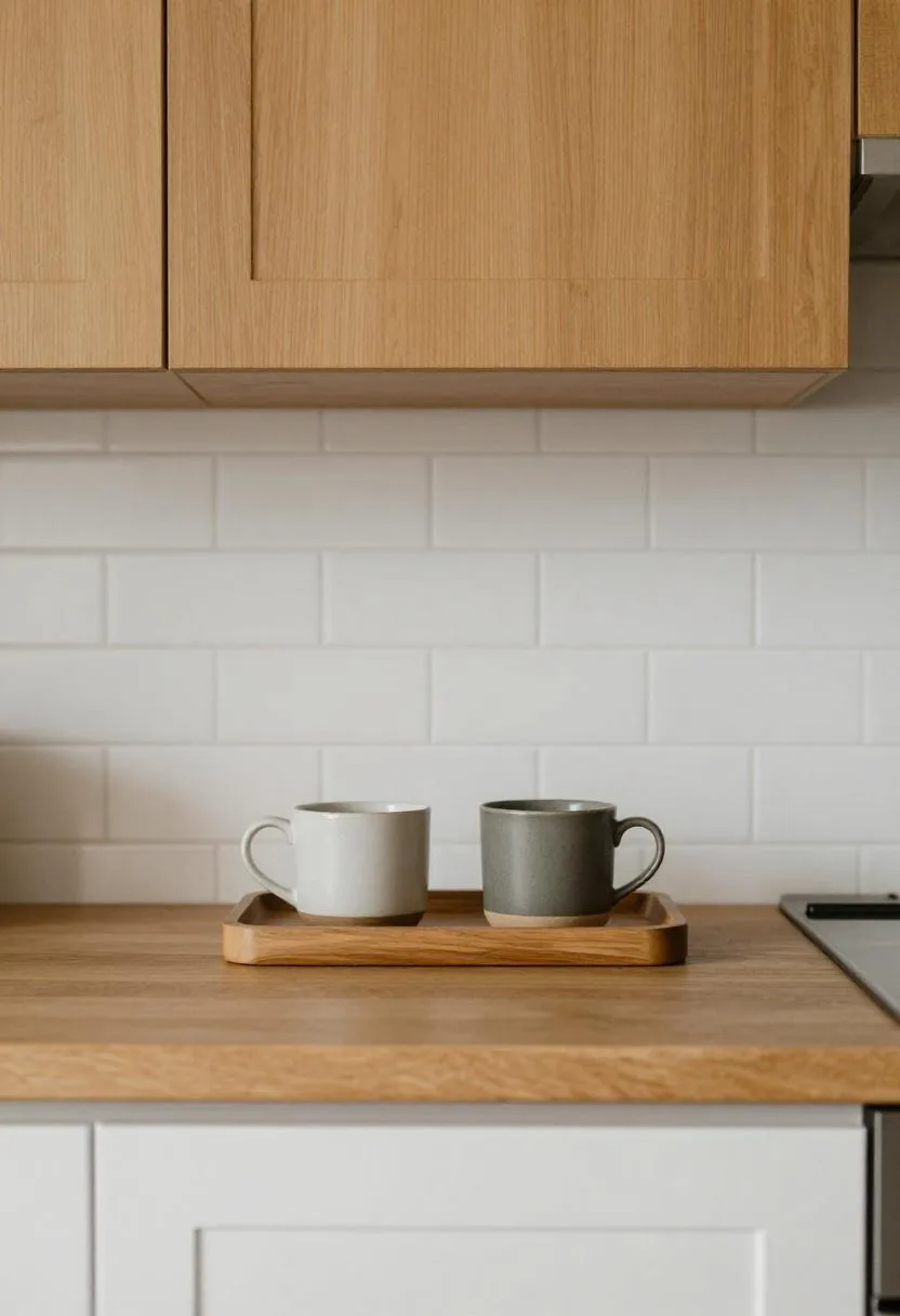 Warm amber cabinet doors framing a coffee corner with a walnut tray and ceramic mugs