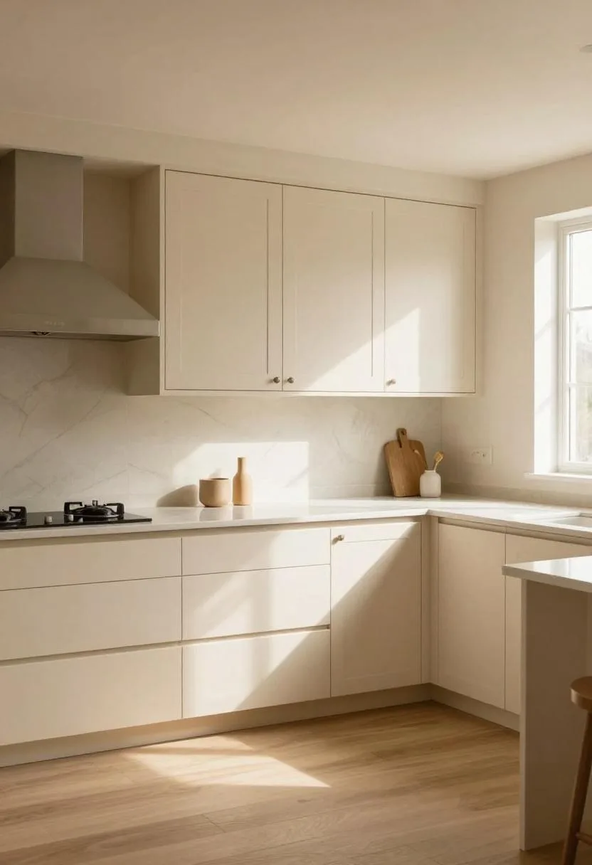 Warm beige upper cabinets and white lower cabinets creating a soft tonal two-tone contrast in a farmhouse kitchen