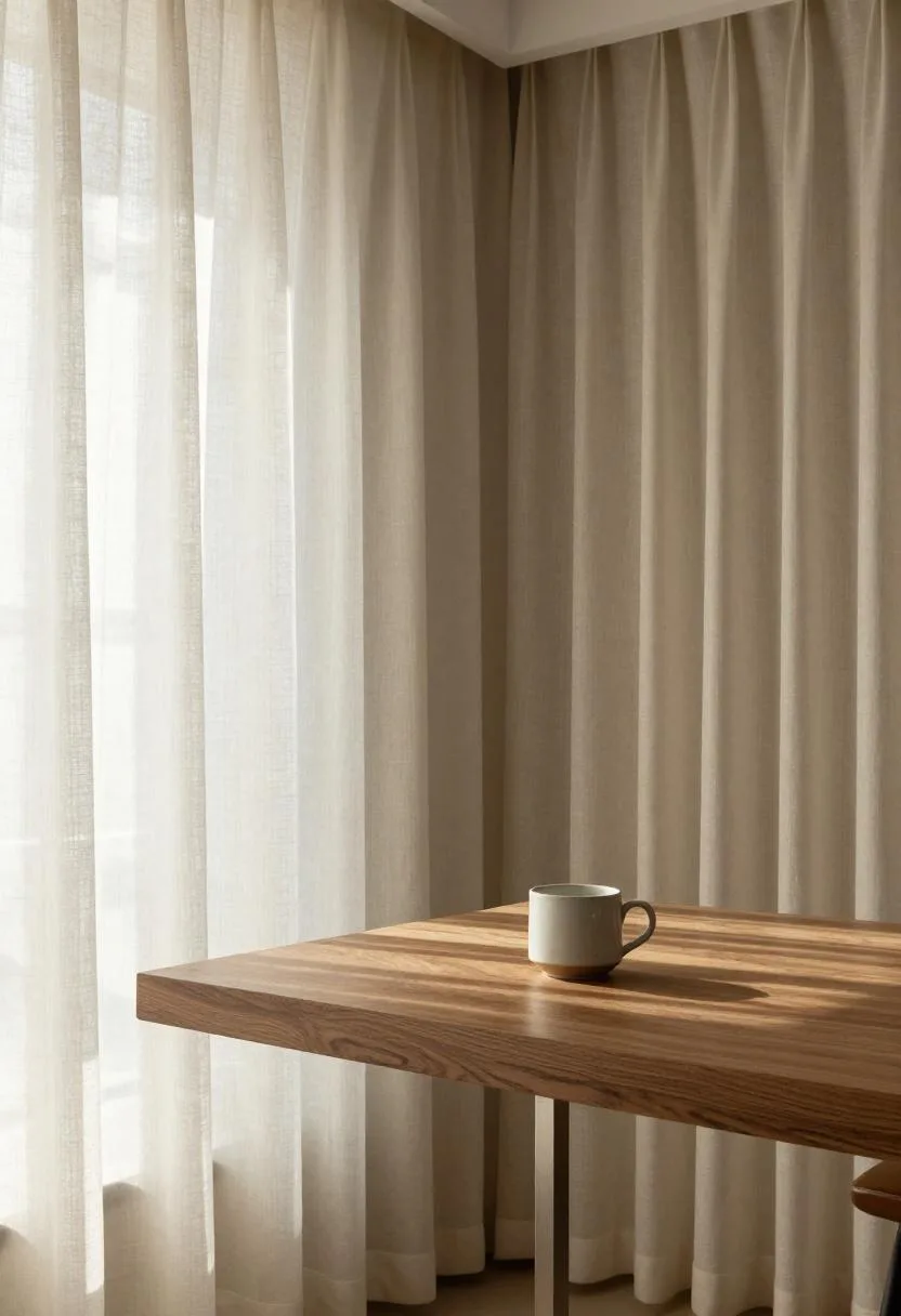 Warm closet office nook with rich walnut desk surface and natural linen curtain panel doors