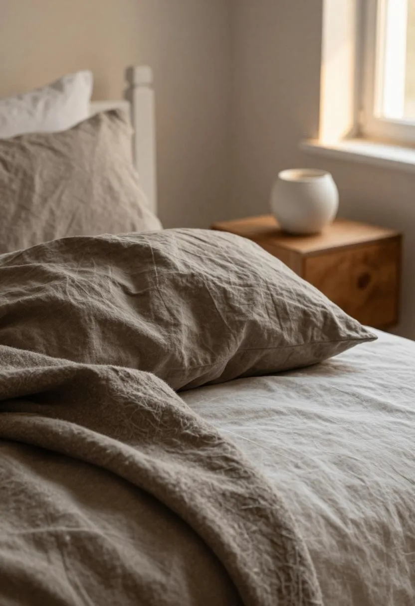 Warm brown-gray linen pillow with handmade ceramic candle holder detail in golden hour light