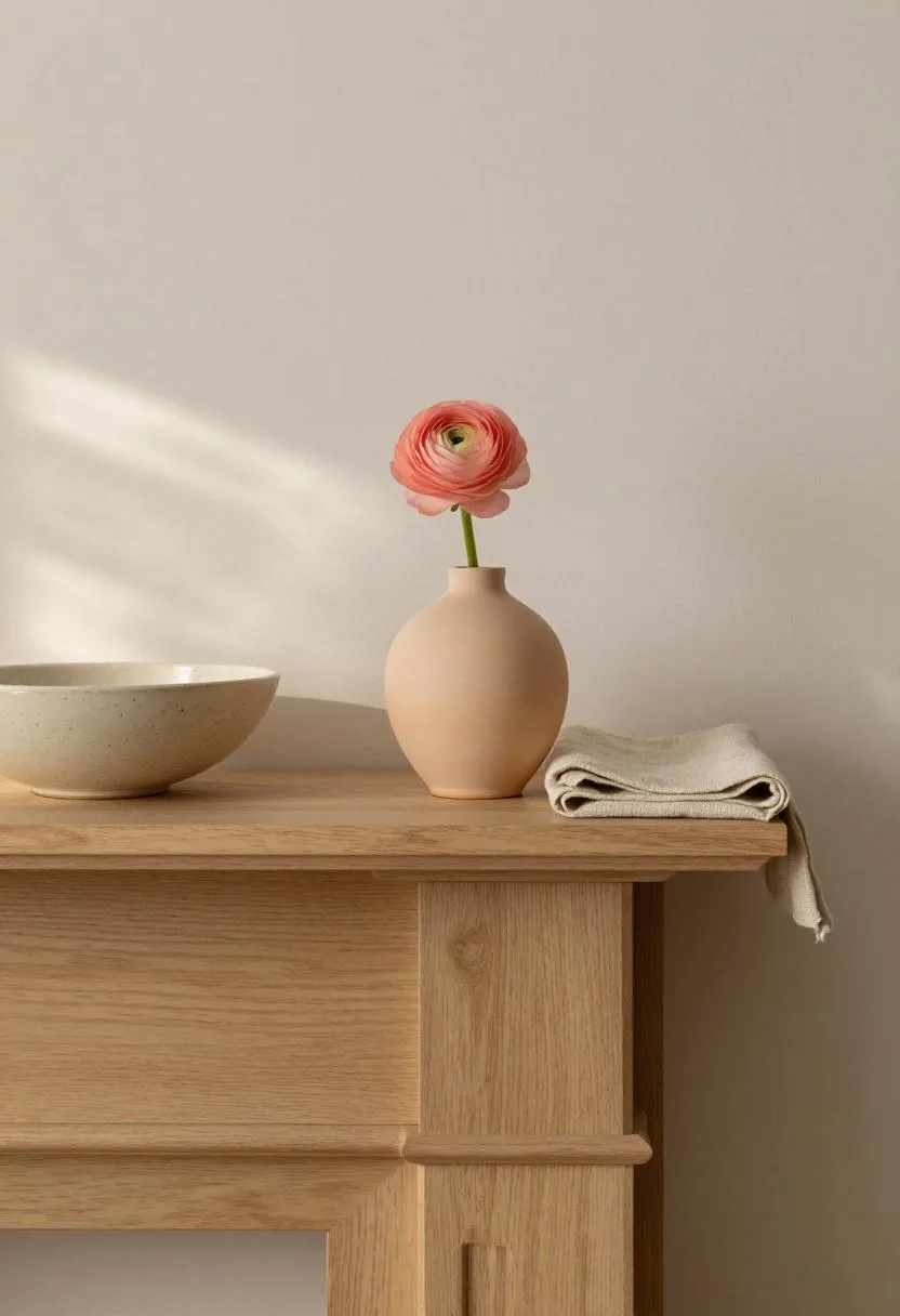 Warm spring mantel with delicate peach ceramic bud vase, speckled stoneware bowl, and folded linen textile on oak mantel shelf