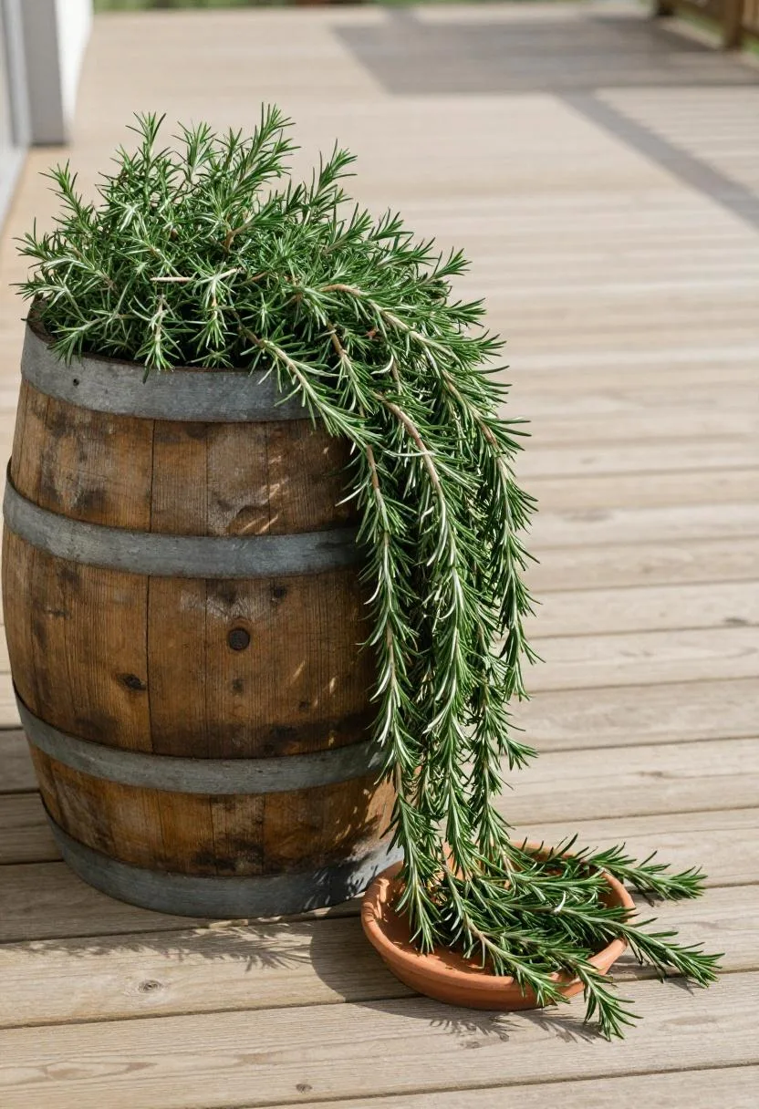 Weathered oak barrel planter with trailing rosemary on a shaded cedar deck