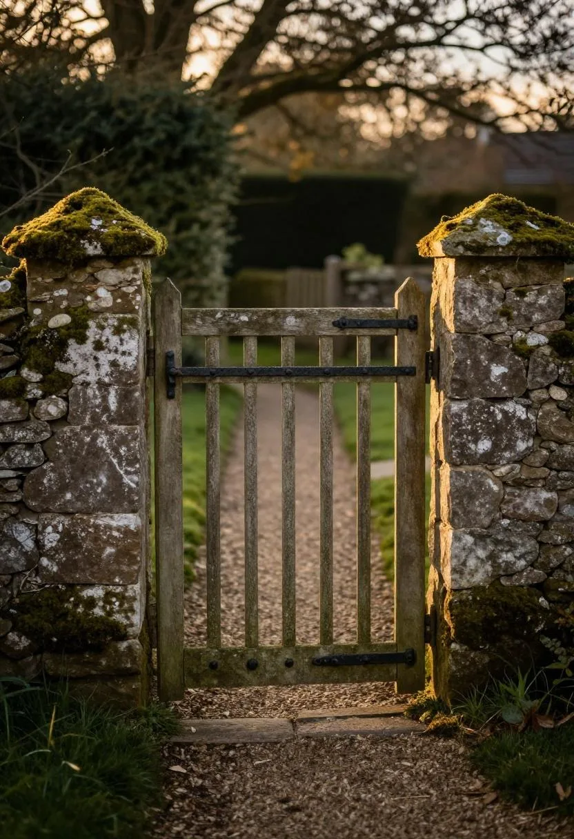 Weathered oak garden gate ajar in a stone wall with golden light streaming through