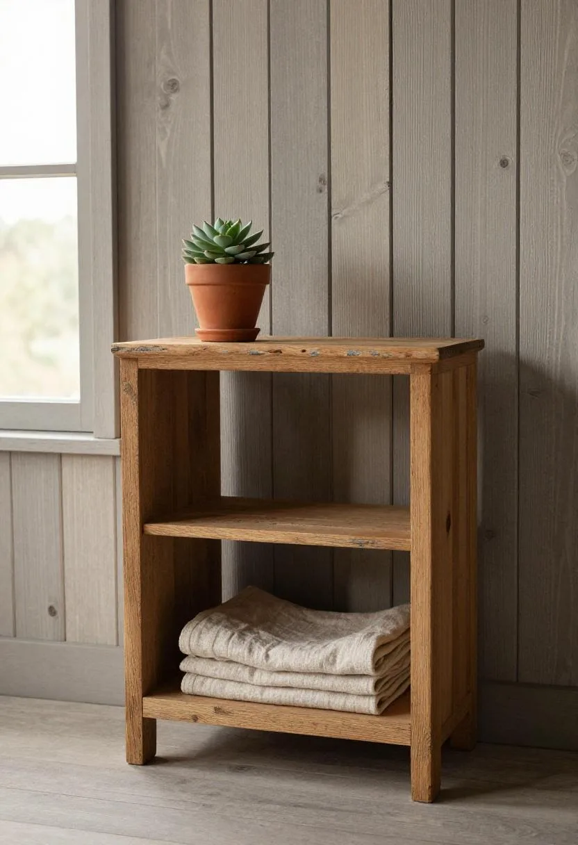 Weathered oak shelves against a driftwood gray wall with a small succulent and folded linen in soft diffused light