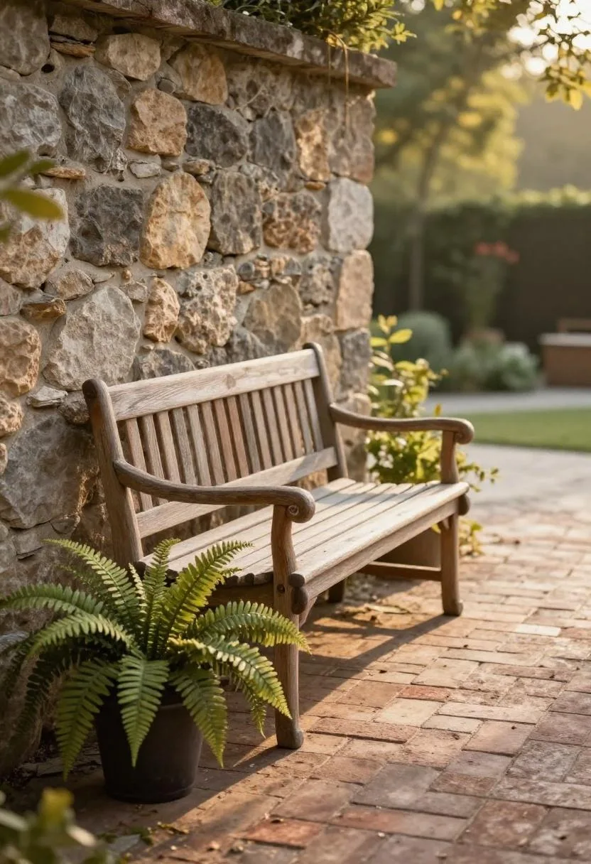 Weathered teak bench and iron fern sculpture against a stone garden wall in afternoon light