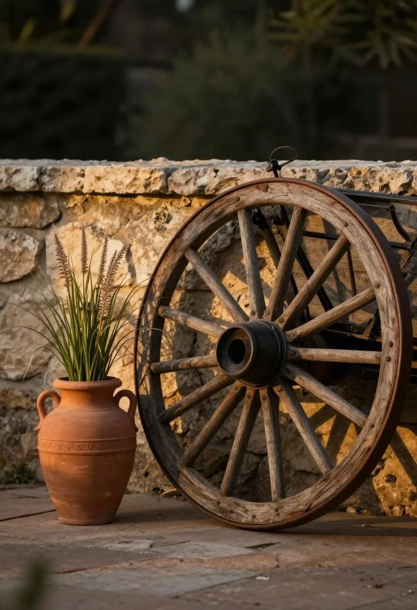 Weathered wagon wheel and ornamental grass urn resting against a stone garden wall at golden hour