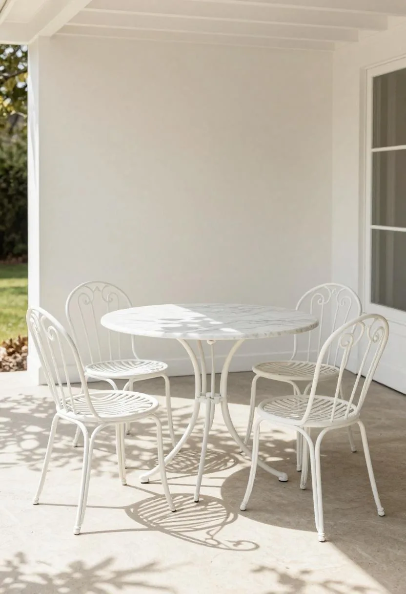 White aluminum pergola with wrought-iron chairs and marble bistro table in bright midday patio shade