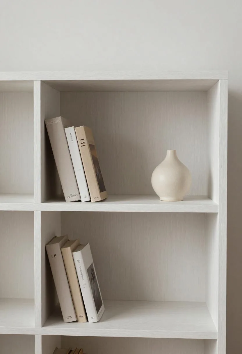White ash bookshelf with hardcover books and ceramic sculpture in Scandinavian living room
