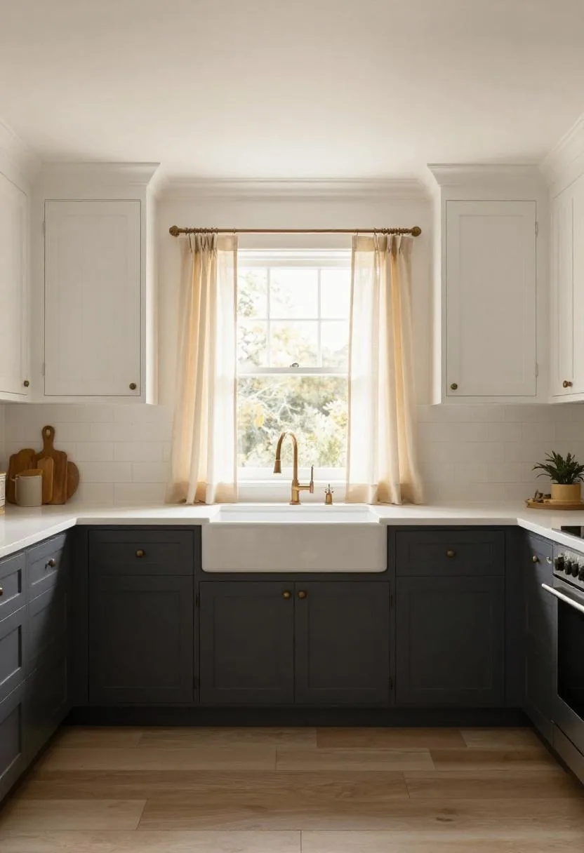 White beadboard upper cabinets and charcoal lower cabinets defining a classic farmhouse two-tone kitchen