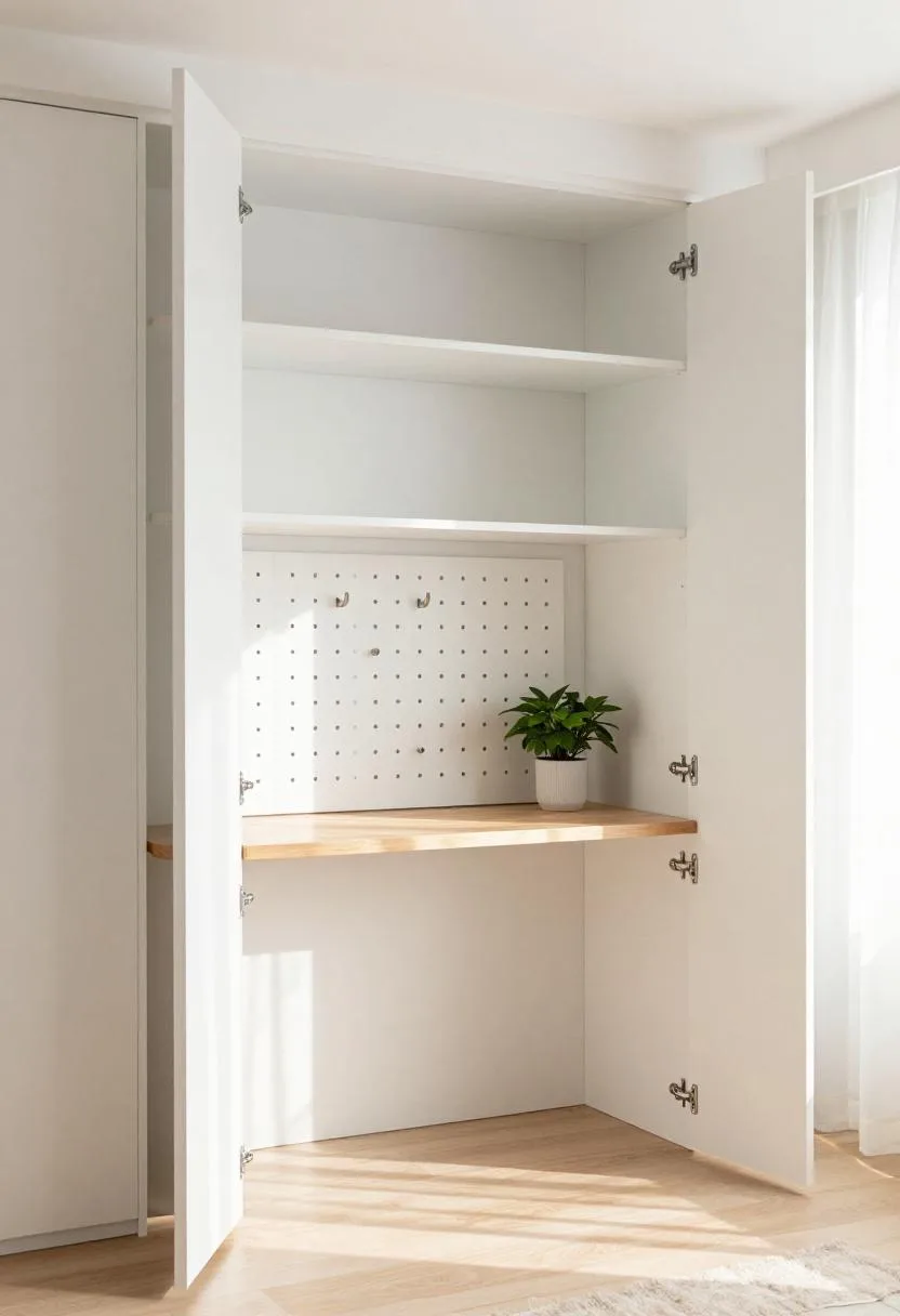 White bi-fold closet office with maple desk surface and full pegboard organization back wall