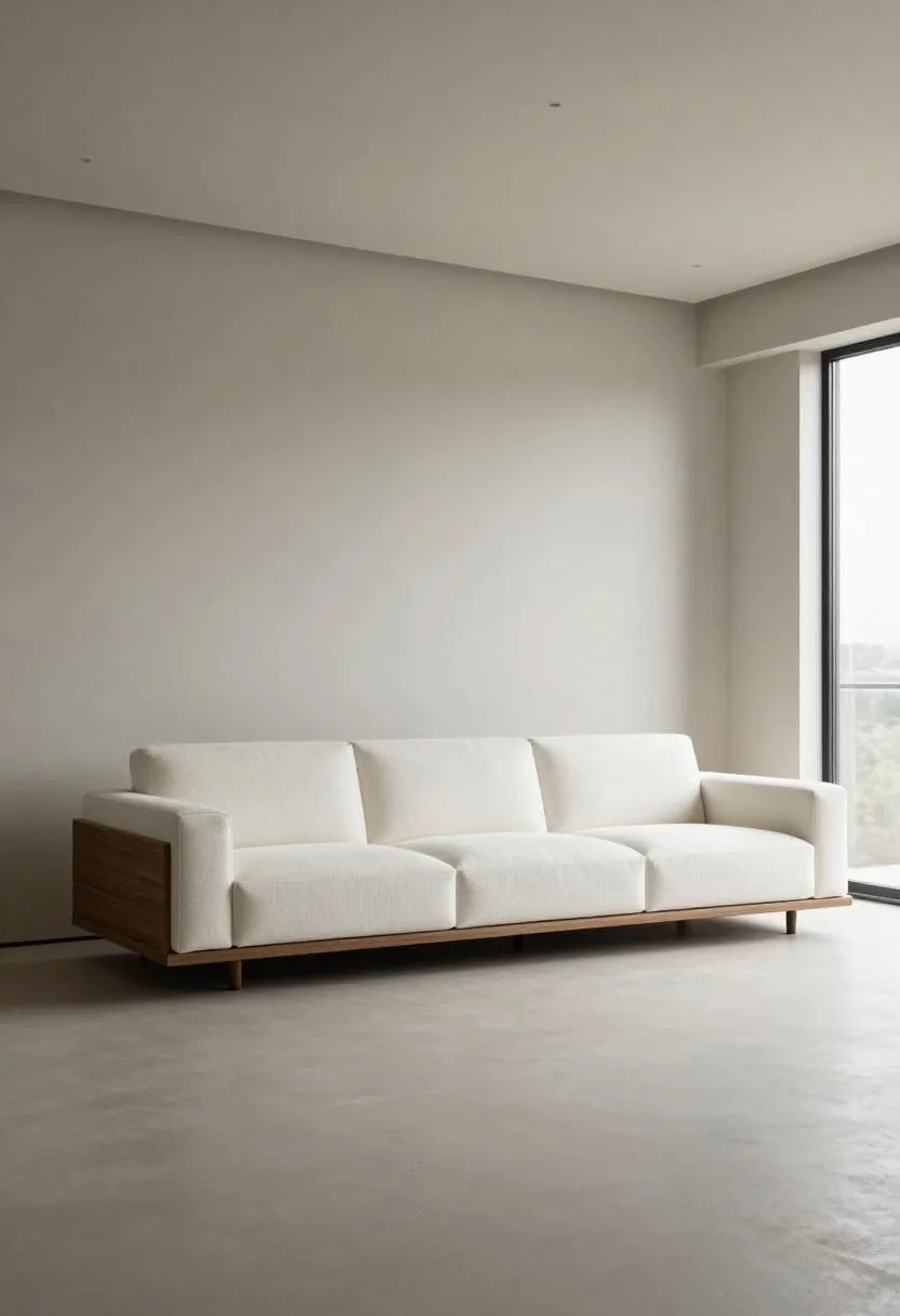 Small living room with white boucle sofa and slim wall-mounted walnut media unit keeping floor space open