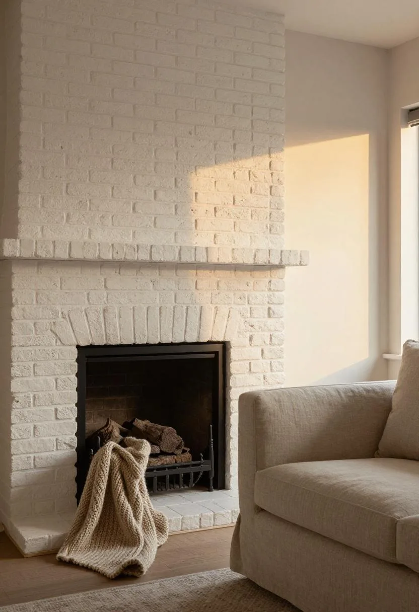 Interior design - white brick fireplace chunky knit throw linen settee