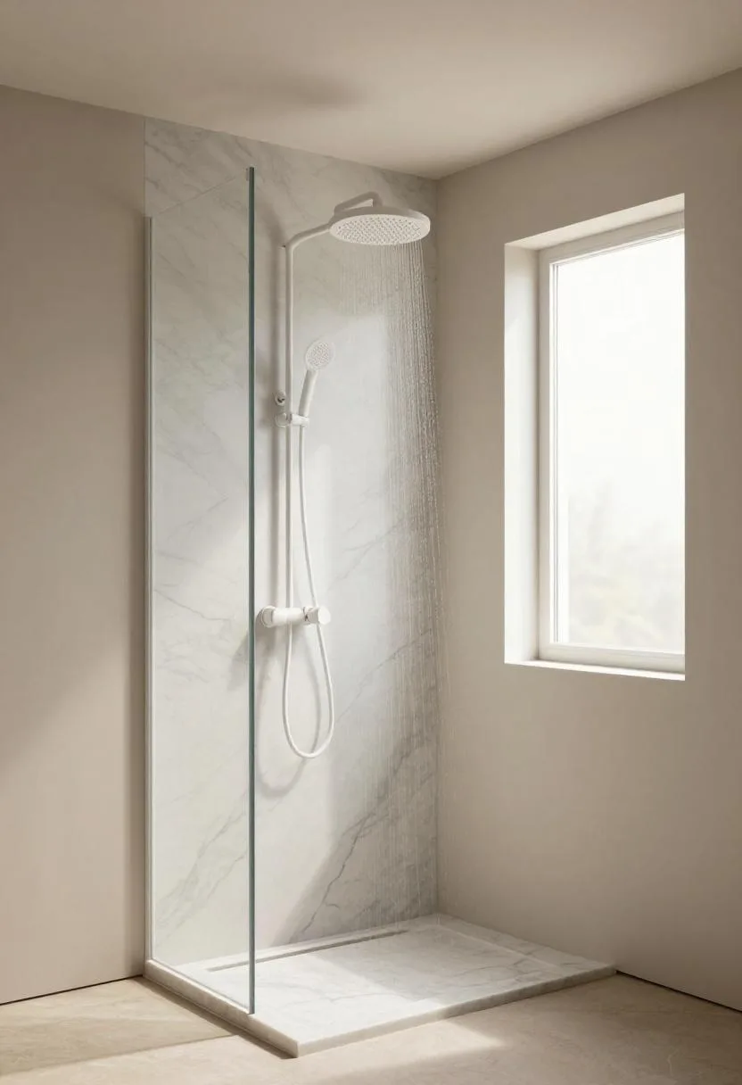 White Carrara marble walk-in shower with ceiling rainfall head flooded in clean morning light