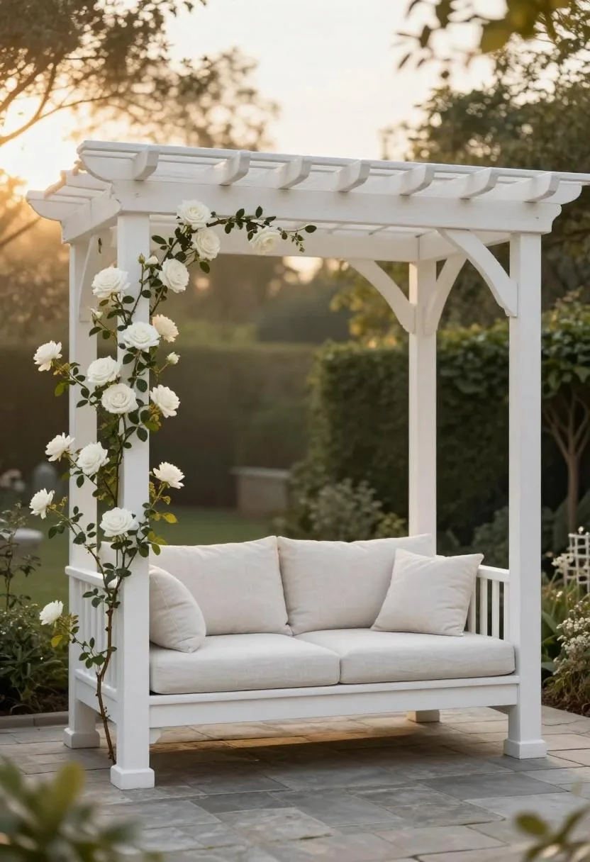 White cedar pergola with climbing rose and linen loveseat on a cottage flagstone patio at golden hour
