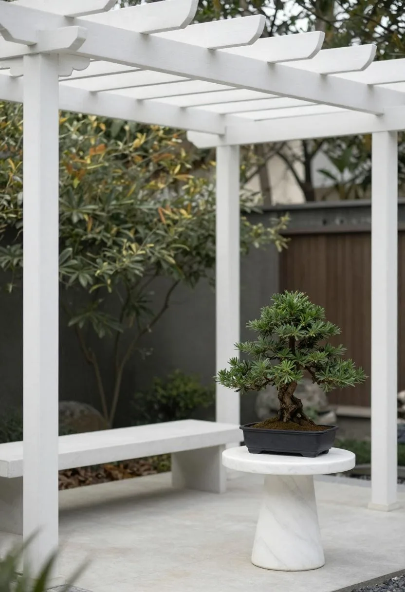 White cedar zen pergola with marble bonsai table and concrete slab bench in quiet overcast morning light
