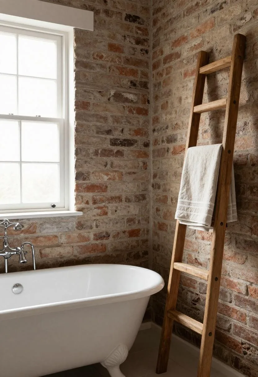 White clawfoot tub against an exposed brick wall with a reclaimed pine towel ladder leaning nearby in morning light